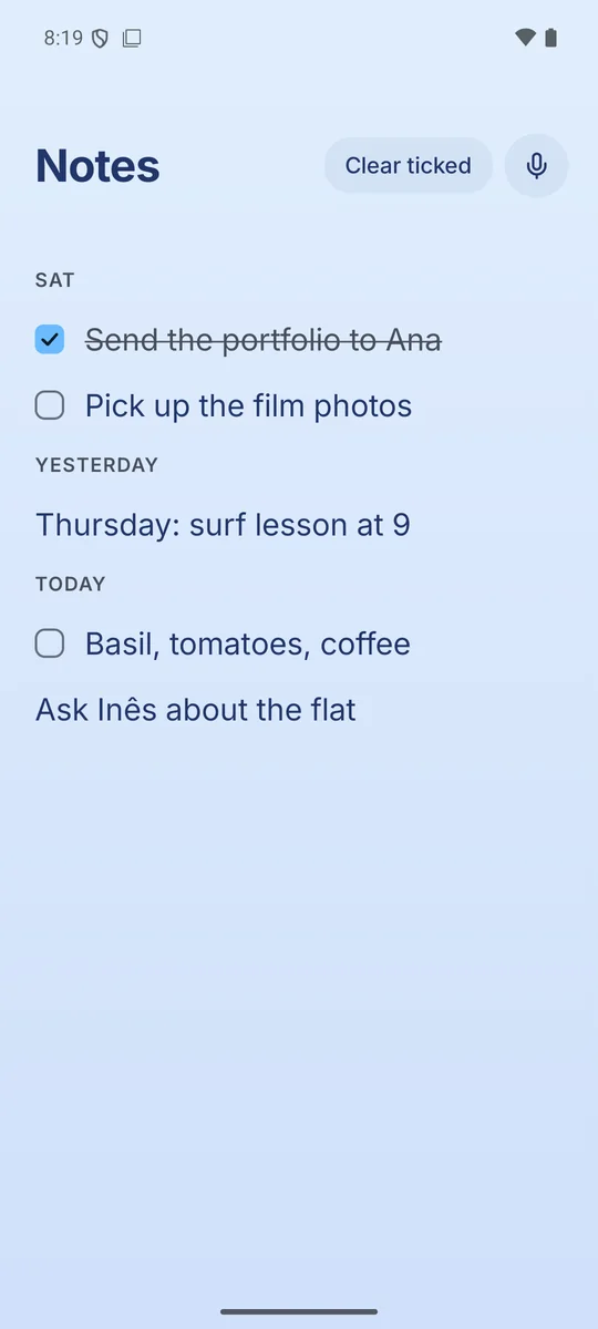 Tide's Notes page in Deep sea, Pastel, on a phone in Lisbon.